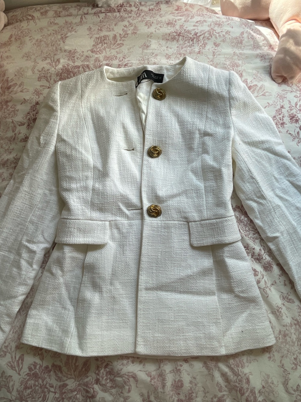 Zara White Textured Blazer with Gold Buttons